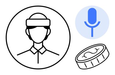 Başlıklı kişi, mikrofon ikonu, ve madeni para teknolojisi, ses etkileşimi, ödüller. Fitness, gamification, yapay zeka eğitimi, dijital yardım teknolojisi yeniliği için ideal