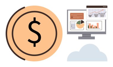 Bilgisayar ekranının yanında analitik, çizelge ve alışveriş arabası simgelerini gösteren bir dolar. E-ticaret, mali büyüme, dijital pazarlama, çevrimiçi alışveriş, veri analizi, iş stratejisi için ideal