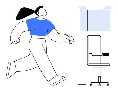 Bir ofis sandalyesi ve penceresinin yanında yürüyen, kendine güvenen ve enerji saçan sıradan giysili bir kadın. Liderlik, motivasyon, ilerleme, iş hayatı dengesi, üretkenlik, çalışma alanı tasarımı için ideal