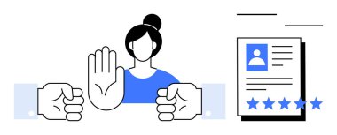 Reytingli bir belgenin yanında iki yumruğa karşı duran bir kadın dur hareketi yapıyor. Kavramların ideali çatışma çözümünü, işyeri etiğini, ayrımcılığı, insan kaynaklarını destekliyor