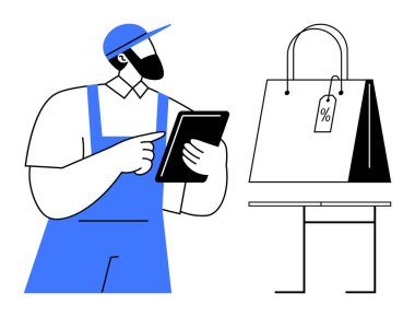 Üniformalı işçiler, alışveriş çantası indirim etiketi olan masaların yakınındaki perakende satışı için tablet kullanıyorlar. E-ticaret, envanter, perakende, teknoloji, alışveriş, satış, iş verimliliği için ideal. Basit düz