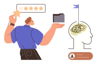 Karmaşık beyin illüstrasyonu, değerlendirmeyi, odaklanmayı ve kararları sembolize eden bir dosya ve yıldız notu tutan kişi. Üretkenlik, stres, değerlendirme, seçimler, organizasyon geribildirim için ideal