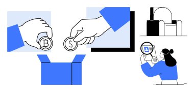 Madeni para, kripto para ve bankacılık aracılığı ile mali işlemler. Finans sistemleri, dijital ödemeler ve çevrimiçi güvenlik konuları arasında fintech yeniliği, ödeme sistemleri, güvenlik