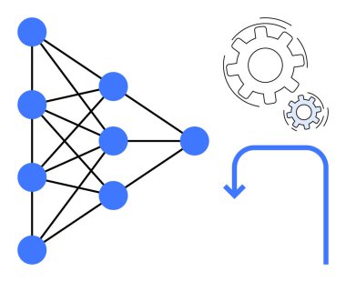 Birbirine bağlı düğümlere, vites mekanizmalarına ve akış okuna sahip sinirsel ağ yapısı. Yapay zeka, makine öğrenimi, otomasyon, optimizasyon, yenilik teknolojisi veri işleme için idealdir. Basit düz
