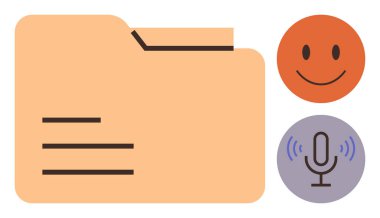 Dosya klasörü, turuncu gülen yüz ve dosya deposunu, mutluluğu ve ses kaydını temsil eden mikrofon simgesi. İşbirliği için ideal, dijital kayıtlar, veri yönetimi, yaratıcılık iletişimi