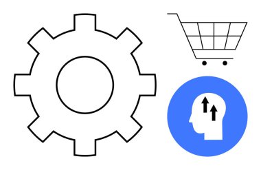 Yenilik kavramı. İnovasyon vites, alışveriş arabası, ok ve verimlilik ve ticaret ile gösterilir. Teknolojide, ticarette, ticarette yenilik. Dijital stratejiler ve girişimler için