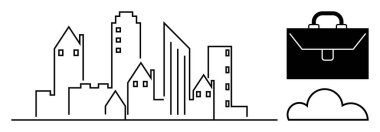 Bulut ve evrak çantasının yanında çeşitli binalar bulunan basit şehir manzarası. İş, gayrimenkul, kariyer, yenilik, veri depolama, kentleşme veya bağlantı için idealdir. Minimalist düz metafor