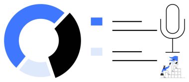 Mavi bölümlü daire çizelgesi, mikrofon simgesi ve kutu yükleyen depo çalışanı. Veri analizi, lojistik, iletişim, istatistik, araştırma teknisyeni ses işleme için ideal. Basit düz