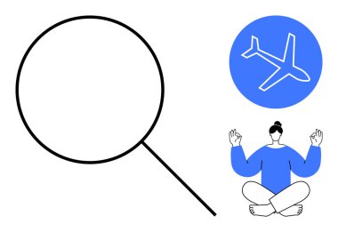 Büyüteç keşfi, uçak ikonunu seyahat etmeyi ve bireysel meditasyonu simgeler. Keşif için ideal, farkındalık, seyahat, araştırma, odaklanma, rahatlama