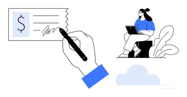 Ödeme işlemi. Ödeme, çek imzalama ve çevrimiçi işlemleri içeriyor. Ödeme dijital bankacılık, iş ve teknoloji ile bağlantılı. Finans, uzaktan çalışma, dijital işlemler, iş akışı için