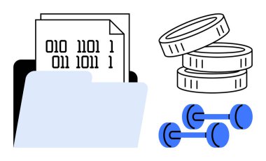 Dosya klasörünü ikili kod belgeleriyle, bozuk paralarla ve verileri, kripto para birimini ve uygunluğu gösteren dambıllarla aç. Teknoloji, finans, fitness, yenilik dengesi üretkenliği için ideal