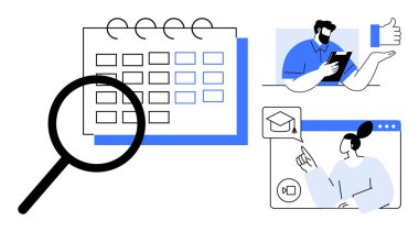 Büyüteçle takvim, elinde tablet olan bir adam ve mezuniyet baloncuğu olan bir kadın. Eğitim için ideal, uzak çalışma, zaman yönetimi, öğrenme, işbirliği