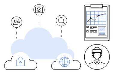 Gizlilik, medya, arama ve küresel erişim dijital belge analizi ve profesyonel destek için ağ simgelerine sahip bulut. Teknoloji, veri yönetimi, güvenlik, analitik ve iletişim için ideal