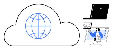Bulut hesaplama konsepti. Küre sembollü bulut dijital bağlantıyı vurgular. Bulut hesaplama uzaktan çalışmayı, veri paylaşımını ve çevrimiçi işbirliğini destekler. Teknoloji ve iş için mükemmel.