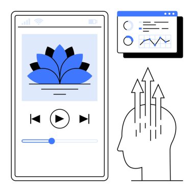 Dijital farkındalık kavramı. Dijital aletler farkındalık ve anlayış için birleştirilir. Farkındalık uygulamaları sağlık, odaklanma ve zihinsel berraklık için veri analizleriyle bütünleşir. Sağlık teknolojisi için ideal
