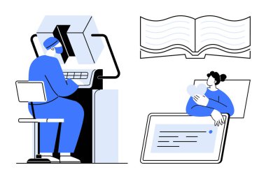 Uzaktan öğrenme. Çevrimiçi eğitim için modern araçlar ve cihazlar, uzaktan öğrenme etkileşimini ve dijital okumayı vurguluyor. Eğitim uygulamaları, e-öğrenim platformları, öğretim programları, çevrimiçi