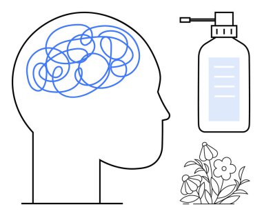 İnsan kafasındaki karışık çizgiler kafa karışıklığını sembolize ediyor, sprey şişesi ve bitkiler çözüm öneriyor. Ruh sağlığı, stres giderme, kişisel bakım, terapi, doğal tedavi, duygusal tedavi için ideal