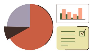 Turta şeması, bar grafiği ve kontrol listesi sunumu organizasyon ve görev yönetimini destekliyor. Analiz, veri raporlama, planlama, iş stratejisi, eğitim ve verimlilik için ideal