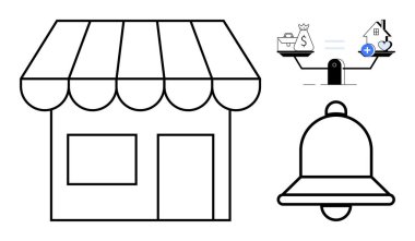 Küçük işletme kavramları. Bir dükkan simgesi maddi ölçek ve uyarı çanı unsurlarını tamamlar. Küçük işletmeler arasında finans, alarmlar, mağaza yönetimi ve bütçe konuları yer alıyor. E-ticaret için, girişimler