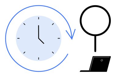 Zaman için dairesel oku olan saat analiz için büyüteç ve iş için laptop. Üretkenlik, verimlilik, odaklanma, planlama, araştırma, iş-hayat dengesi için ideal zaman tasarrufu. Basit düz