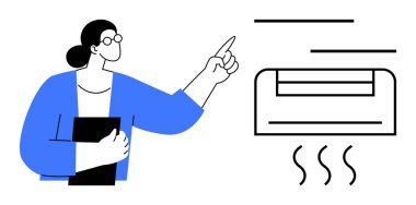 Elinde klimayı gösteren bir pano olan kadın hava akımı yayıyor. İklim kontrolü, enerji verimliliği, teknoloji kullanımı, ofis ayarları, konfor, cihazlar için ideal, basit düz metafor