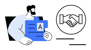 İşbirliği konsepti. Yapboz parçası ve el sıkışma sembolü tutan birini gösteren bir grafik. İşbirliği takım çalışmasını, ortaklığı ve karşılıklı başarıyı teşvik eder. İş ve takım çalışması için ideal.