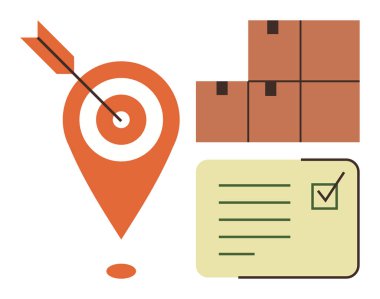 Ok hedef işaretçiyi hedef listesiyle vuruyor ve kutular tam olarak teslimatı, organizasyonu ve lojistik yönetimi temsil ediyor. Nakliye, başarı, izleme, verimlilik ve planlama için ideal