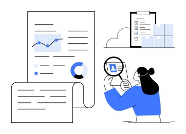 Veri analizi konsepti. Veri içgörüleri grafikler, raporlar ve analizler yoluyla tasvir edilir. Veriye dayalı çalışan değerlendirmesi verimliliği artırıyor. İş, İnsan Kaynakları, Analizler, İş akışı raporları