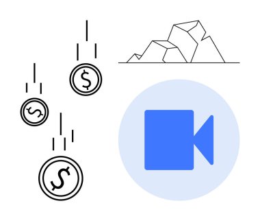 Dolar işaretli bozuk paralar, soyut maden taşları ve basit vektör tarzında mavi bir video ikonu. Finans, ekonomi, madencilik, işletme, medya teknolojisi eğitimi için idealdir. Basit düz metafor