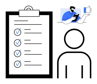 Kontrol listesi ve işaret işaretli pano, soyut insan figürü, baş parmağıyla gülümseyen kişi. Üretkenlik, görev yönetimi, organizasyon, onay, takım çalışması, motivasyon değerlendirmeleri için ideal