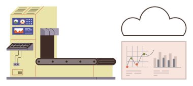 Taşıyıcı bandı, kontrol paneli, bulut simgesi ve analitik grafiği olan fabrika makinesi. Sanayi, otomasyon, imalat ve teknoloji verileri için ideal. Basit düz metafor