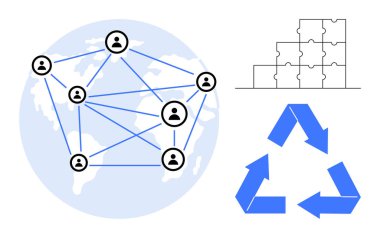 Ağ konsepti. Bağlantılar, geri dönüşüm sembolü ve yapboz parçalarıyla küresel ağ oluşturma. Ağ kurmak işbirliği, sürdürülebilirlik ve takım çalışmasını teşvik eder. Çevre için ideal