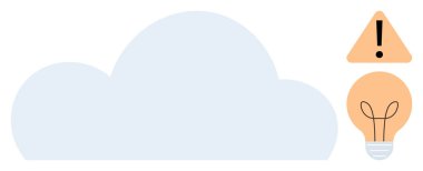 Etrafı bir uyarı üçgeniyle çevrili. Ünlem işareti ve ampulle. Teknoloji için ideal, bulut hesaplama, sistem uyarısı, veri yeniliği, yaratıcılık, problem çözme, güvenlik. Basit düz