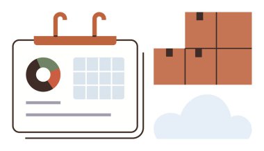 Yığılmış kutular ve bulut şeklinin yanında turta grafiği, şebeke ve metin içeren bir takvimin analizleri. Lojistik, dağıtım, programlama, planlama, izleme, üretkenlik için ideal basit düz metafor