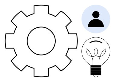 Ekip çalışması, yenilik, süreç optimizasyonu, problem çözme ve liderliği gösteren vites, insan ikonu ve ampul. Yaratıcılık için ideal, üretkenlik beyin fırtınası işbirliği