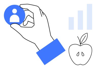 Kullanıcı simgesi. Çubuk grafiği olan bir kullanıcı simgesi ve elma anahatlı veri içgörüsü, büyüme ve sağlıklı seçenekler. Sağlık uygulamaları, analitik yazılımı, eğitim araçları, yaşam tarzı işletmeleri için kullanıcı simgesi