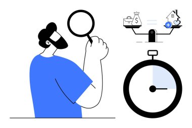 Karar verme konsepti. Büyüteç ve kronometre kullanarak finans ve sağlık arasındaki dengeyi inceliyorum. Kişisel finans, zaman kontrolü ve iş hayatı dengesi için karar verme