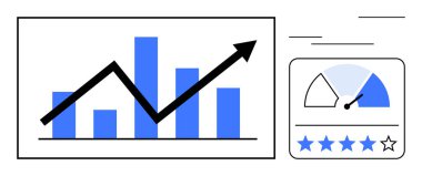 İş büyümesi konsepti. Çubuk çizelgesi ve yükselen ok başarıyı ve performans artışlarını simgeler. İş büyümesi veri görselleştirme araçlarıyla resmedilmiştir. Analiz, strateji, pazarlama için