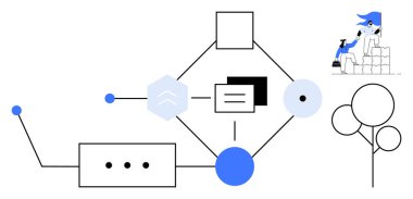 Bir ağa bağlanmış geometrik şekiller üst üste dizilmiş şekiller ve sadeleştirilmiş ağaçlar üzerinde beyin fırtınası yapan bir kişi ile bağlantılı. Takım çalışması, yaratıcılık, süreç tasarımı, işbirliği, organizasyon için ideal