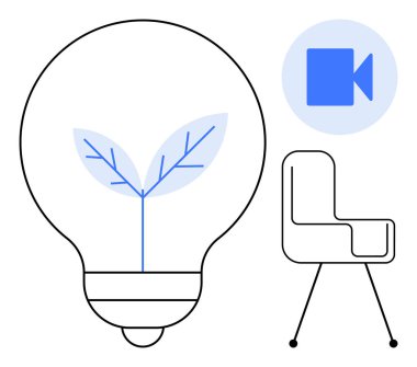 Ekolojik elementlere sahip ampul, video çağrı simgesi ve yaratıcılık, sürdürülebilirlik, uzaktan çalışma, işbirliği, modern çalışma alanı taşıyan sandalye. Sürdürülebilir çözümler ve yenilikçi takım çalışması için ideal