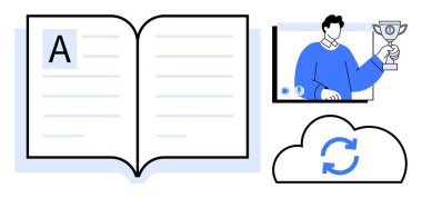 Eğitimi temsil eden açık bir kitap, başarıyı sembolize eden bir ödülle video konferansı, ve bir bulut senkronizasyonu ikonu. Uzaktan öğrenme, dijital eğitim, e-öğrenme ve çevrimiçi işbirliği için ideal