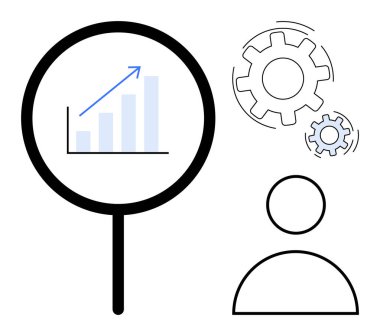 Dişliler ve profil simgesinin yanında yukarı doğru ok olan çizelgenin üzerinde büyüteç. Veri analizi, iş stratejisi, yenilik, büyüme, problem çözme, araştırma, basit düz metafor
