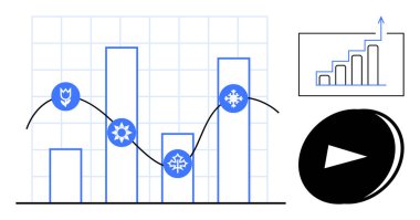 Bir çizgi boyunca mevsimsel simgelere sahip çubuk grafik, büyüme grafiği ve oynatma düğmesi veri eğilimlerini, performans analizini belirtir. Ticari analizler, pazarlama planlaması, tahminler, mevsimsel eğilimler için ideal