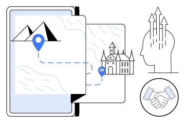 Navigasyon konsepti. Haritalı navigasyon, işaretler ve lokasyon iğneleri. Dijital keşif, hedef belirleme ve iş veya kişisel projeler için seyahatler planlamak. Seyahat, teknoloji