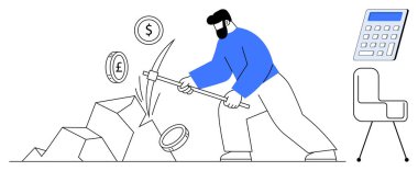 Dolar ve pound işaretleri de dahil olmak üzere para birimi sembollerini ortaya çıkarmak için kazmayla taş kıran bir adam. Finans, yatırım, sıkı çalışma, karlılık, madencilik, ekonomi, kaynak alımı için ideal basit