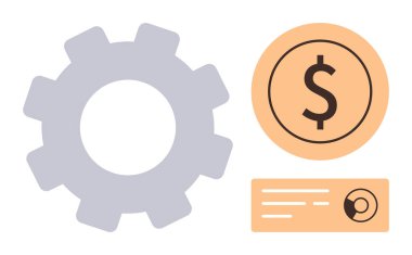 Bir dolar işareti ve analitik çizelge kutusu ile birlikte finans, üretkenlik, analitik, teknoloji, iş stratejisi, işlem optimizasyonu ve verimliliği basit bir düz metaforda temsil eder.