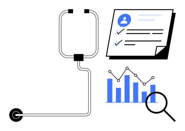 Stetoskop, kontrol işaretli hasta raporu, analitik bar çizelgesi ve büyüteç. Tıbbi kayıtlar, hasta bakımı, sağlık izleme, veri analizi, teşhis araştırması için ideal