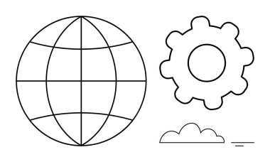 Küresel teknoloji kavramı. Küre, dişli ve bulut sembolleri küresel bağlantı, yenilik ve dijital depolama. Teknoloji, bilişim çözümleri, bulut hesaplama veri yönetimi için küresel kavramlar