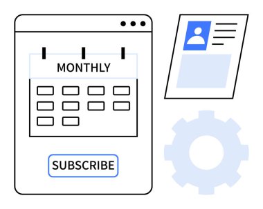 Abonelik konsepti. Abonelik planları, kullanıcı profili verileri, üyelik düğmesi ve ayarlar için aylık bir takvim. Hizmet, üyelik, uygulama veya platform kullanıcıları için abonelik planları