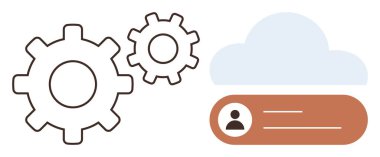 Bulut ve kullanıcı giriş simgesinin yanındaki dişliler işlevsellik, bulut iş akışı ve kullanıcı erişimini temsil eder. Teknoloji, bulut hesaplama, otomasyon, sistem yönetimi, veri entegrasyonu, dijital